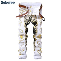 sokotoo mens slim print jeans fashion flower straight white denim pants long trousers