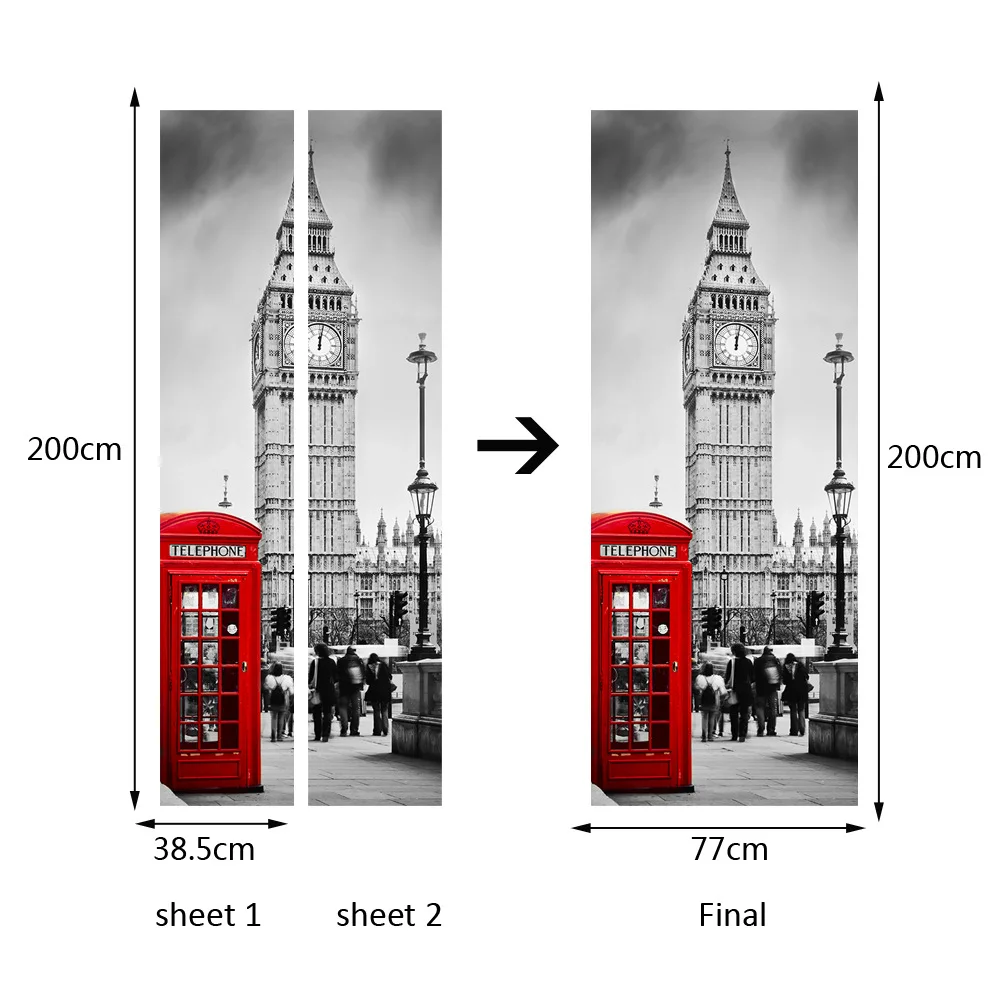 3D Door Stickers PVC Material Waterproof Doors Poster DIY UK Big Ben Wall Decal Sticker For Living Room Bedroom Home Decor