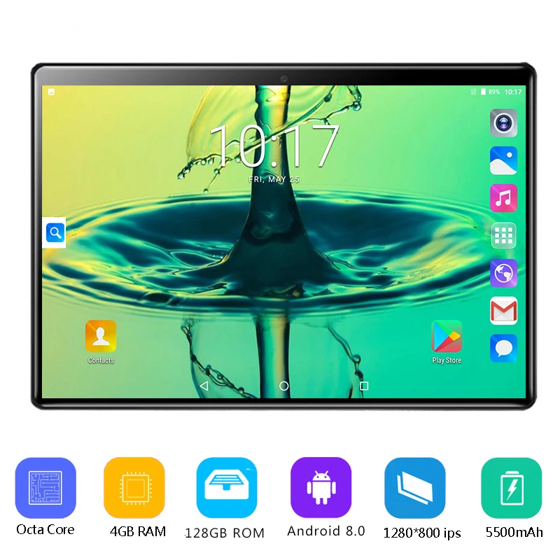 Android 8,0 Восьмиядерный планшетный ПК 10 дюймов 4 Гб Оперативная память 128 Гб Встроенная память 5MP WI-FI A-GPS 4 аппарат не привязан к оператору сотовой связи 2.5D закаленное Стекло ips 1280*800