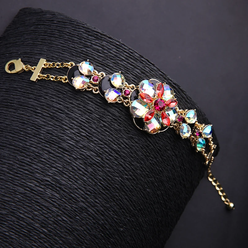 Золотой цветной браслет с большим цветком великолепный Женский массивный