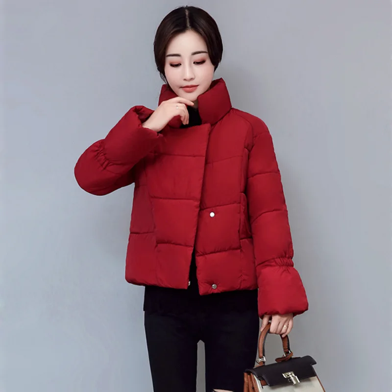 wine red QPUDPK однотонное зимнее пальто для женщин с длинным рукавом Короткая парка толстое теплое пальто с хлопковой подкладкой зимняя верхняя одежда женская куртка - Цвет: wine red
