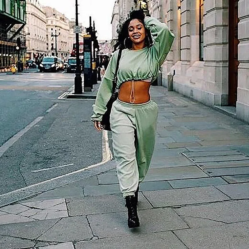 Женский спортивный костюм из 2 предметов повседневный укороченный пуловер с