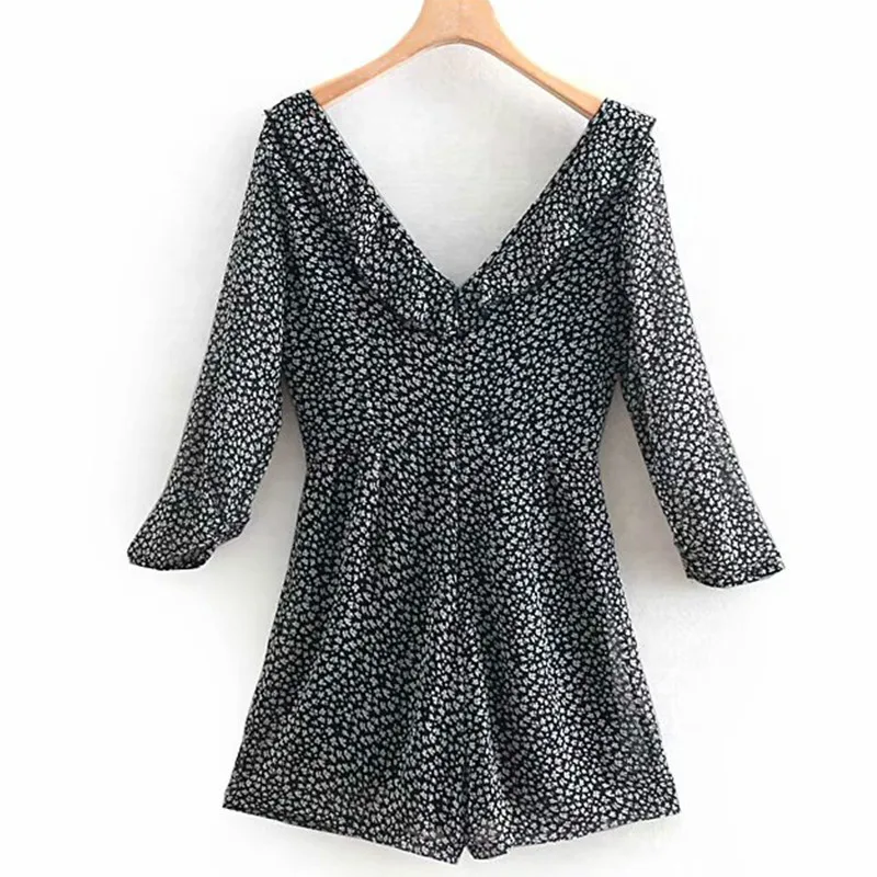 Женский винтажный цветочный принт комбинезон в складку сексуальный с открытой