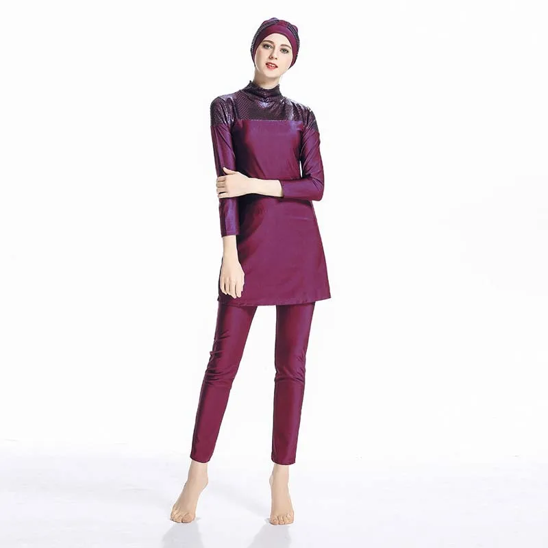 Red wine BAILUNMA Burkinis Мусульманский купальник для мусульман хиджаб купальник для мусульман женщин плюс размер печатных сплайсинга скромный купальник для дам 055 - Цвет: Red wine