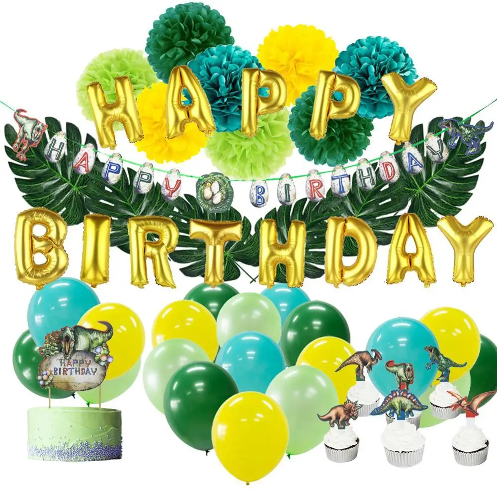 

Jurassic Dinosaur Party Decoration Happy Birthday Banner Mylar Balloons Cake Cupcake Topper Kit Artificial Leaves Pom Pom Kids