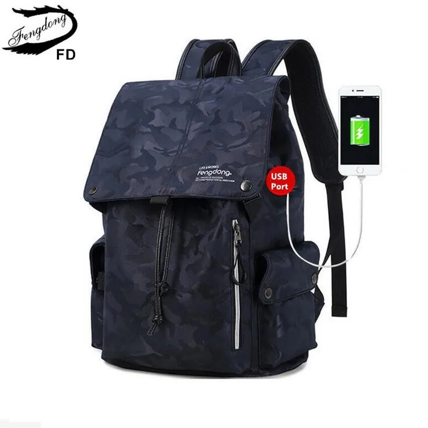 Мужской камуфляжный рюкзак Fengdong Синий Водонепроницаемый школьный или дорожный