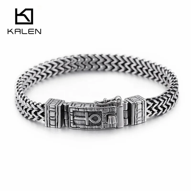 KALEN 8mm Egyptian Ankh Symbol Of Life Charm Bracelets For Men Women Stainless Steel Mesh Linking Chain Bracelet Jewelry
