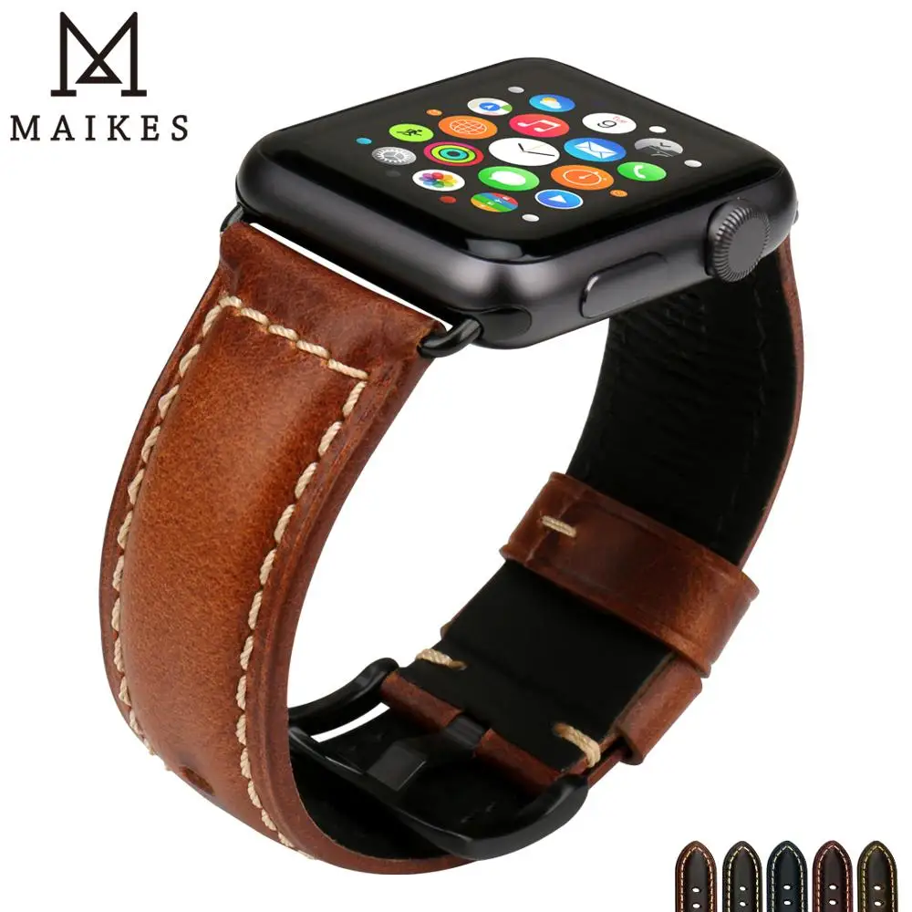 Ремешок для часов MAIKES кожаный винтажный браслет iwatch 44 мм 40 42 38 series 4 1|leather watchband|watch