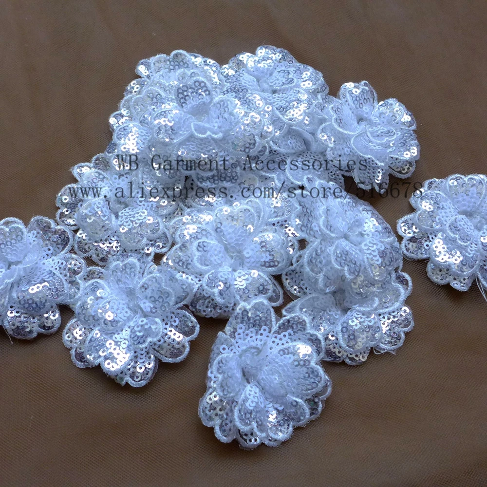

30pieces/lot new fashion sparkling White silver sequins mixed 3D flowers DIY sew-on clothes skirt patch applique 6cm diameter