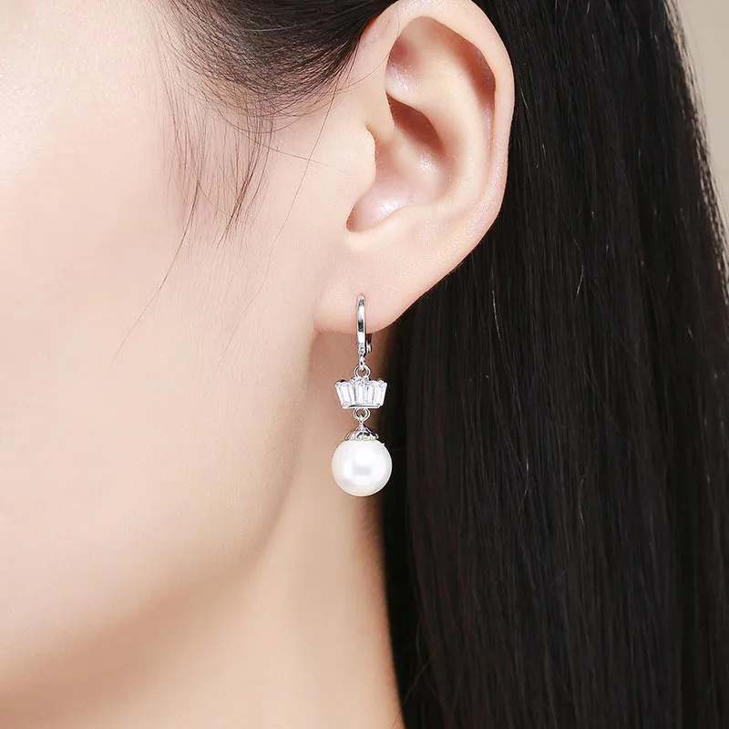 White Gold Color Aulic Hoop Link Crown CZ & Faux Pearl Ball Drop Dangle Earrings For Women Jewelry Bijoux|dangling earrings for women|dangle drop
