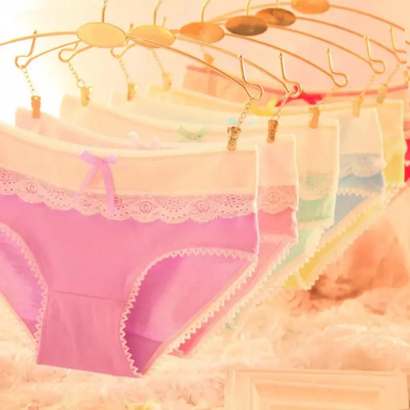 2018 New Arrival Women Briefs Cotton Sweet Soft Sexy Lace Panties Bow-knot Splicing Underwear Candy Color Free Size |