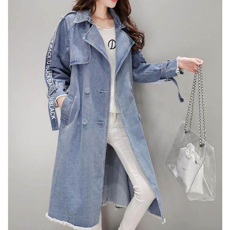 Женский Длинный джинсовый Тренч свободная джинсовая ветровка с длинным рукавом