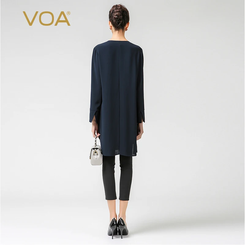 Блузка VOA Женская офисная с длинным рукавом однотонная темно синяя B7210|silk blouse|blouses