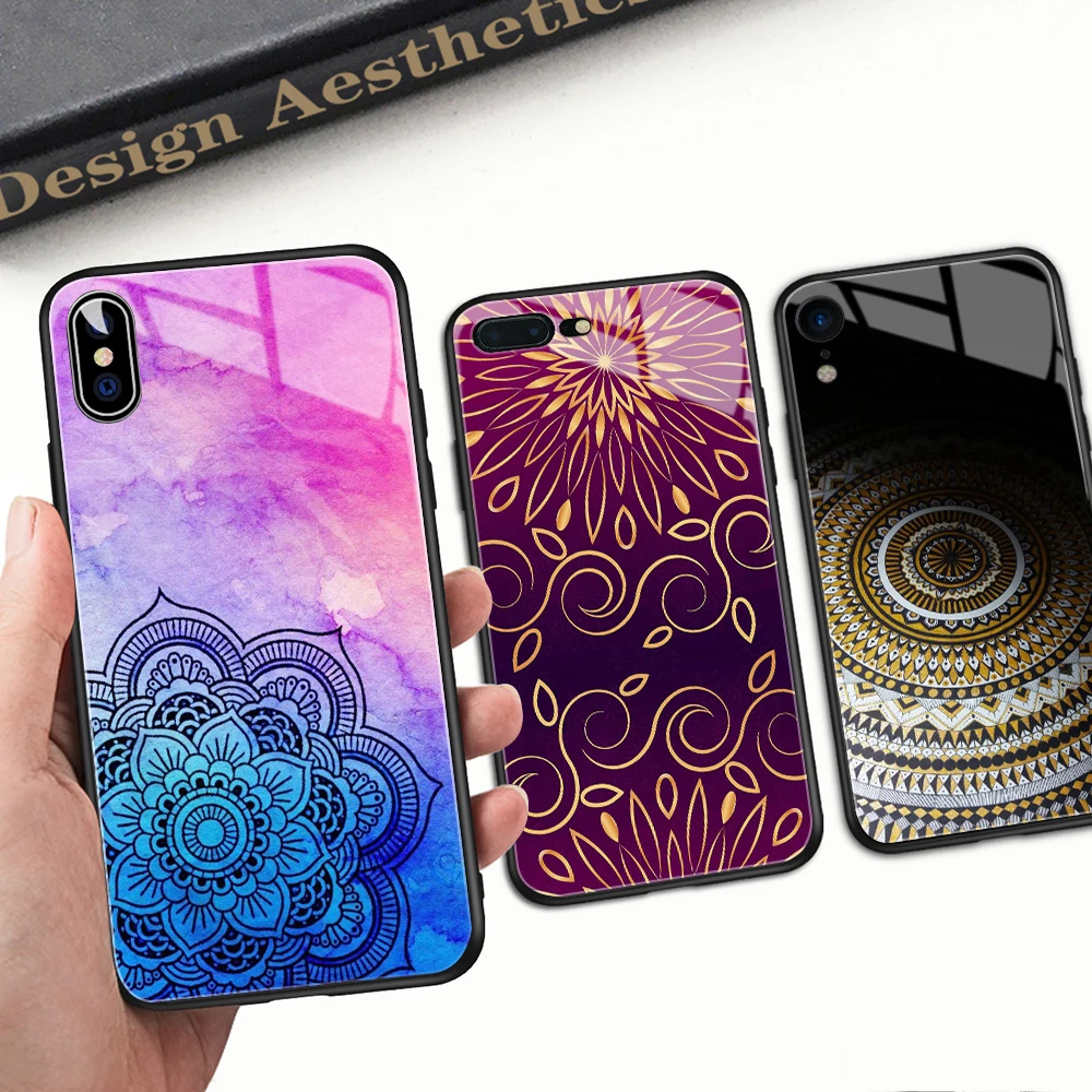 Чехол Мандала стекло твердая задняя крышка XR Xs чехол для iPhone 6 6S 7 8 plus X XS MAX 11 12 13 pro