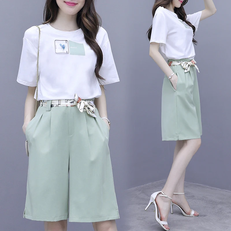 Брюки из двух предметов белая толстовка Женская Новинка летние модные шорты с широкими штанинами в стиле