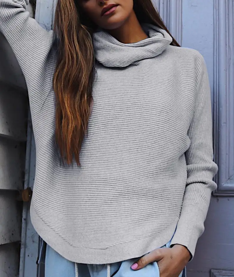 Fashion High Neck Sweaters Women Loose basic Long Sleeve Shirt Top Jumper Pullover Sweater Cotton Tops Batwing | Женская одежда