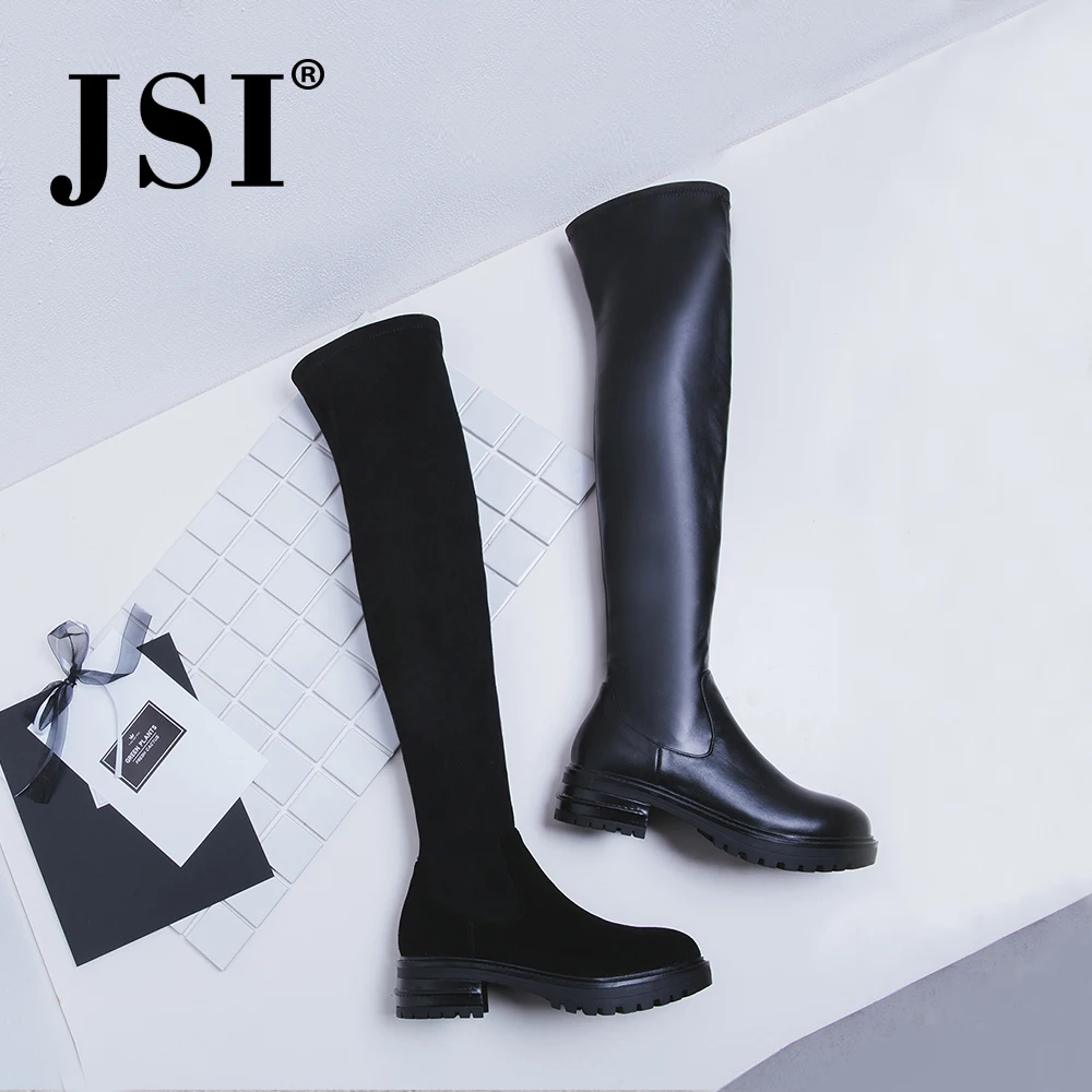 JSI/женские сапоги теплые кожаные до колена на высоком каблуке однотонные модные