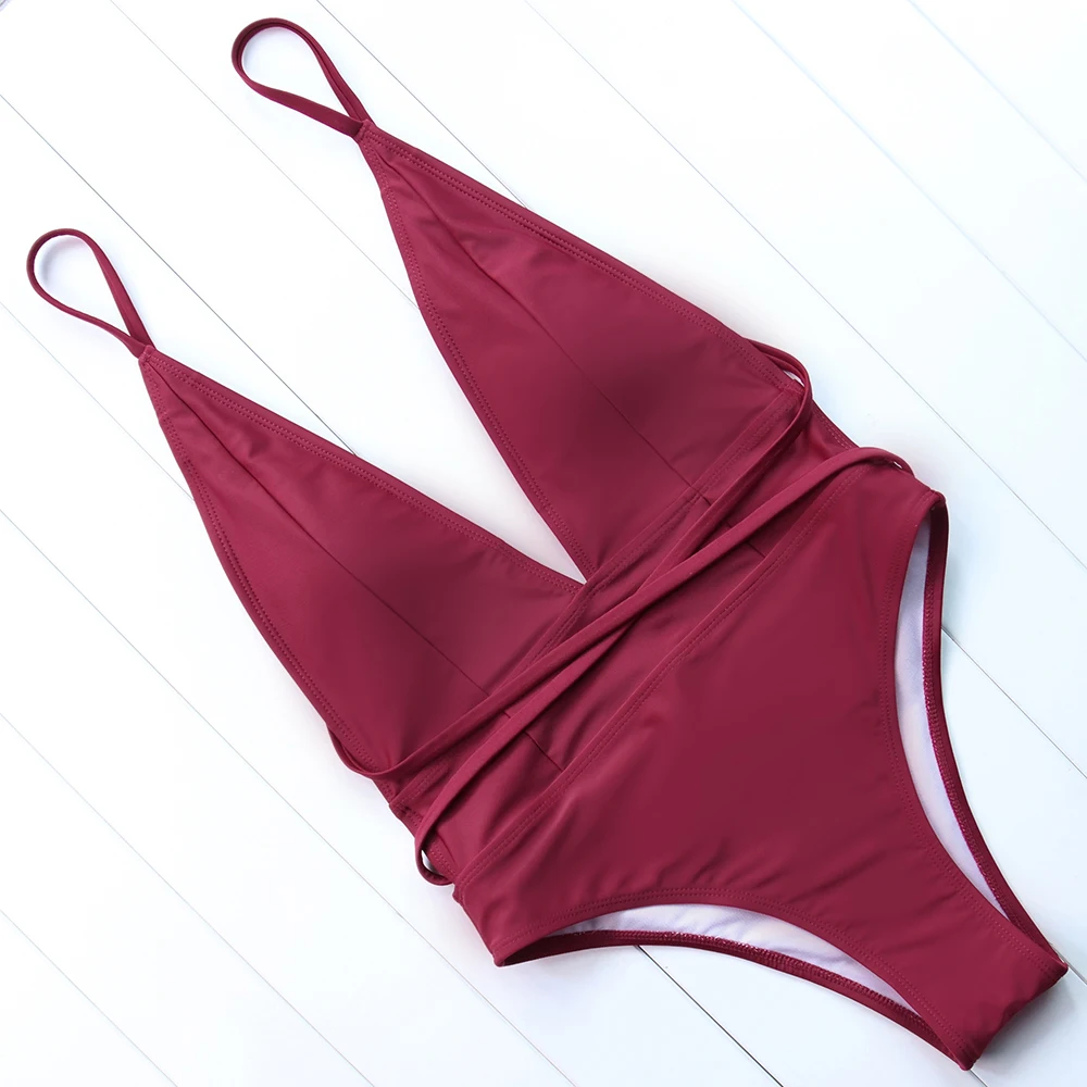 sexy one pieces swimsuit women push up swimwear halter bandage bathing suit female deep V bodysuit solid padded swimming | Спорт и
