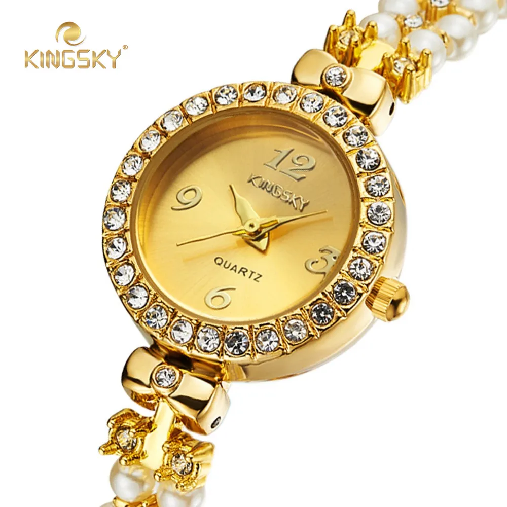 Kingsky Новый Дизайн Наручные Часы Pearl ремень золотые кварцевые часы золото