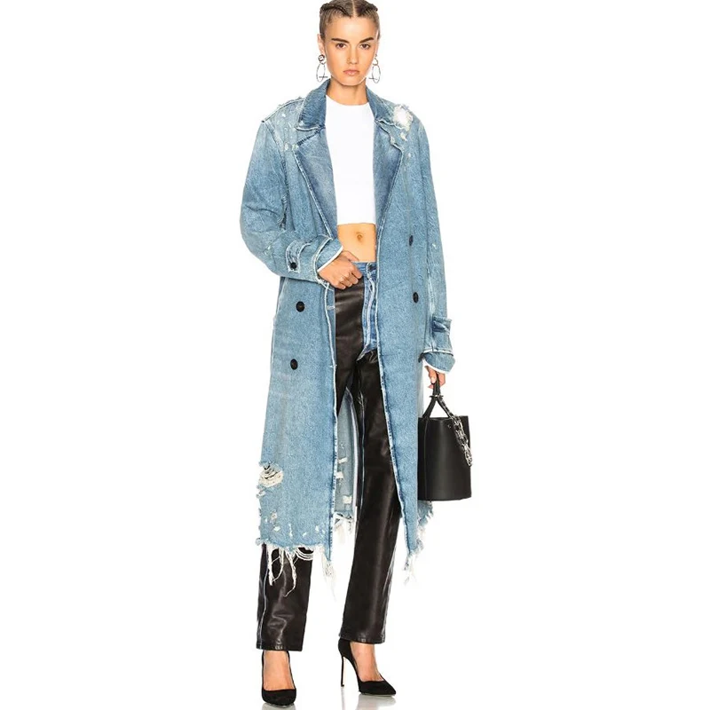 

Spring autumn women new fashion large size irregular hole denim windbreaker double-breasted long section wild loose casual coat