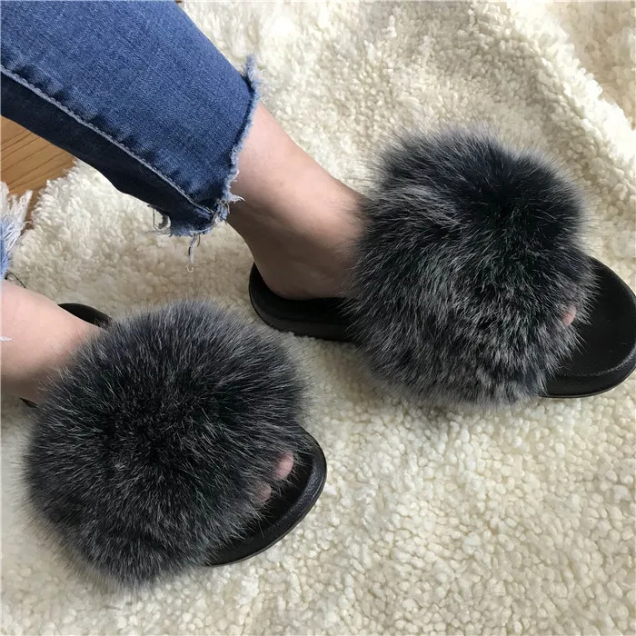 FunFur/женские шлепанцы с натуральным лисьим мехом черные на снежную погоду