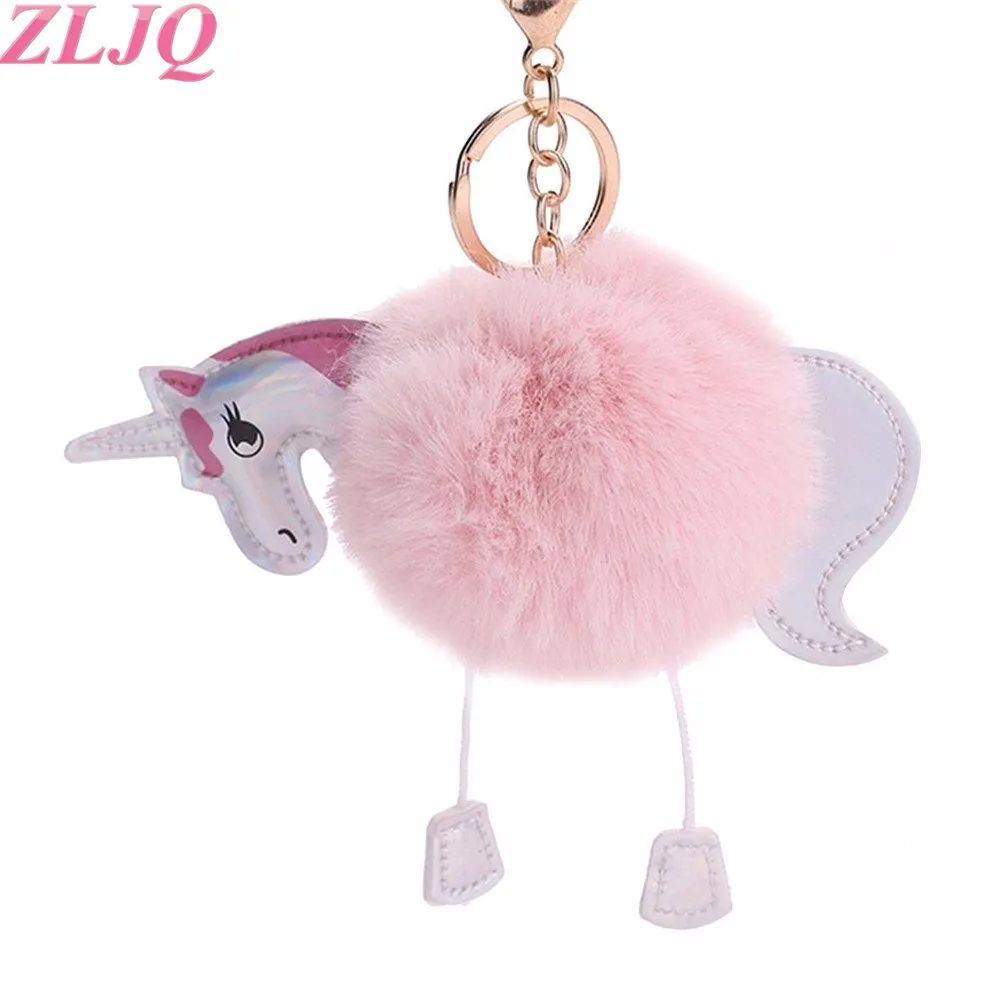ZLJQ Fluffy Unicorn Flamingo Keychain Chrismas Animal Cute Luxury Pom Style Plush Ball Pendant Key Ring for Birthday Party
