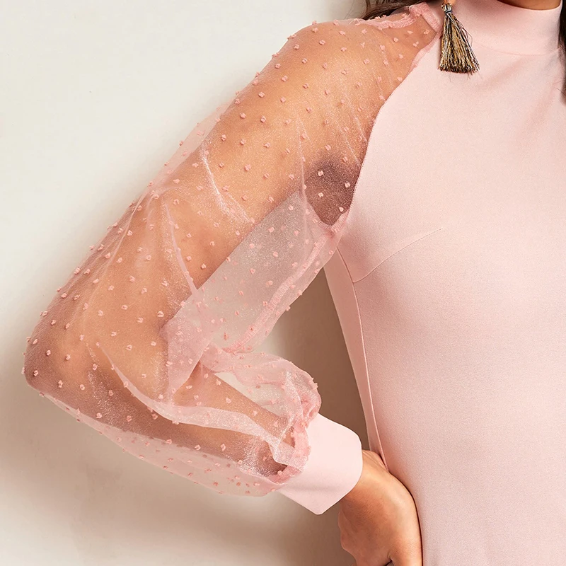 SHEIN вечерние облегающее платье-карандаш черного или синего цвета с жаккардовым контрастным Сетчатое платье-фонарь с рукавом Весенние Женские однотонные платья с длинным рукавом