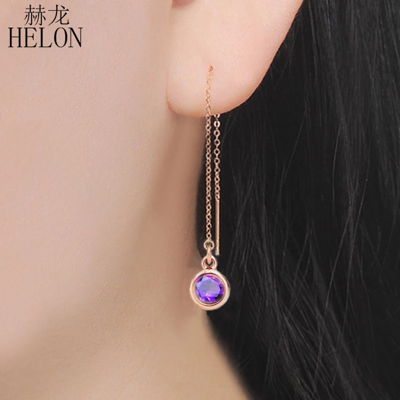 HELON Solid 18 k розовое золото 3 мм круглые подлинные Аметистовые Серьги-цепочки обручальные свадебные модные ювелирные изделия для женщин Рождественский подарок