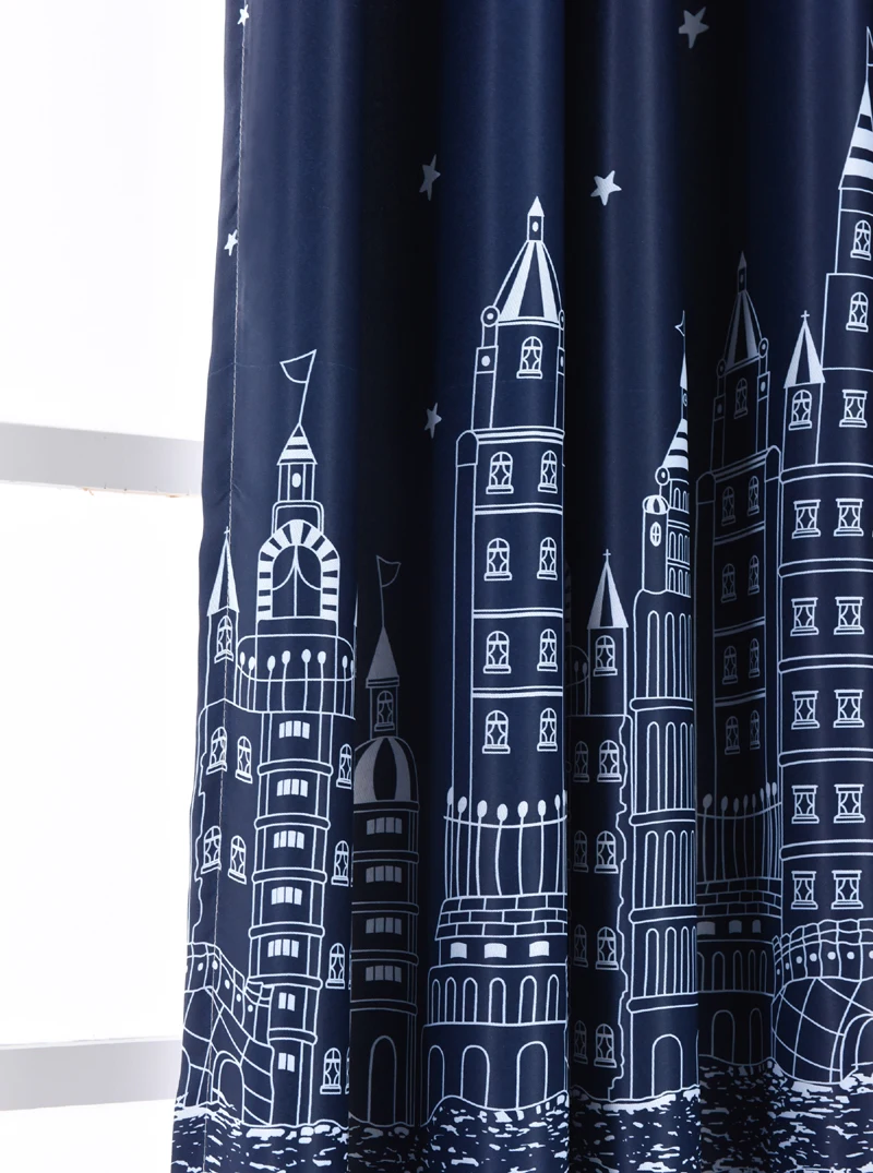 Modern Printed Castle Coffee Color Blackout Curtain For Kids Boys Bedroom Navy Blue Short Curtain Kitchen Window Drapes PC009D3