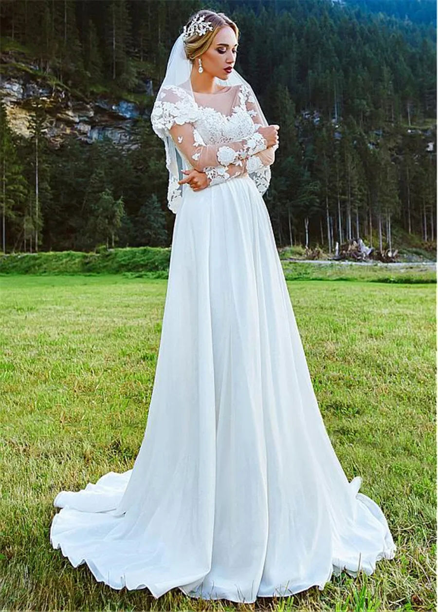 

Beach Wedding Dress Long Sleeves Satin Lace Illusion Bridal Dress Wedding Gown vestido de noiva Custom Made
