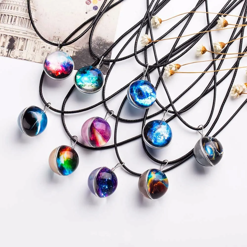 Nebula Space Universe Galaxy Necklace Stars Glass Ball Pendant Crystal Collares Planet Pattern Leather Chain Necklace For unisex