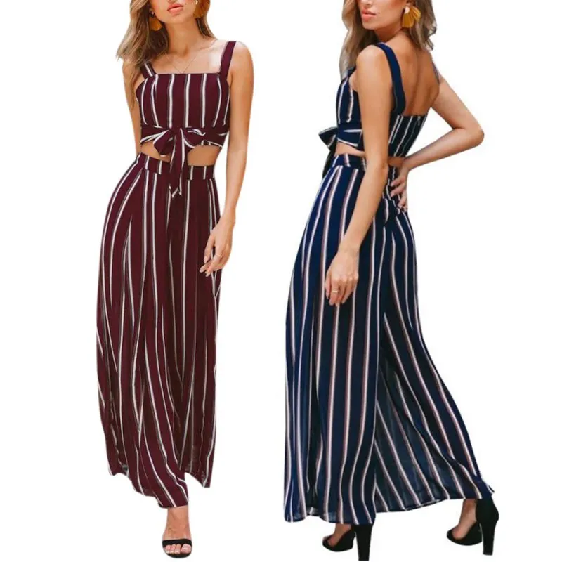 

Sexy Two Piece Sets Women Stripe Tank Top Wide Leg Pants Female Bow Crop Top Shirts Loose Long Trousers 2 Piece Sets