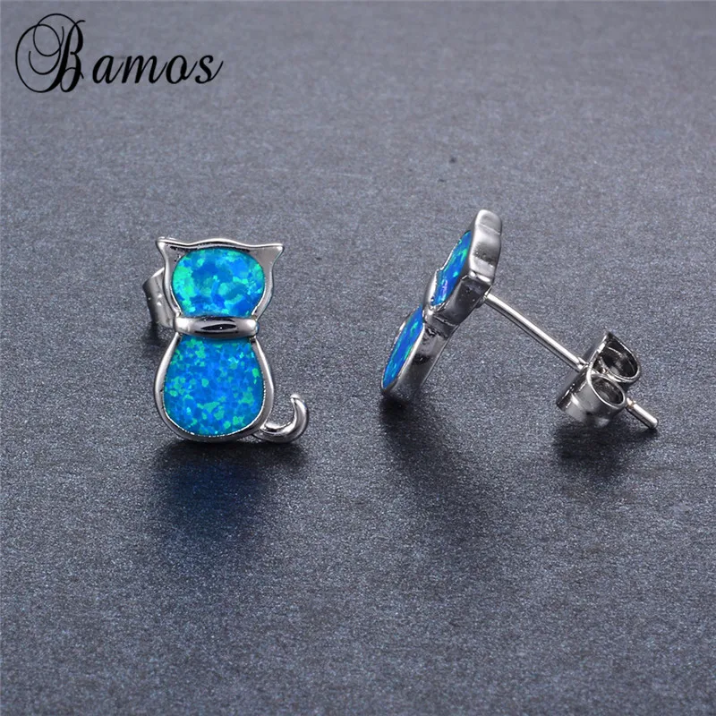 Серьги гвоздики женские серебряного цвета с опалом и котом|cute cat stud earrings|cat