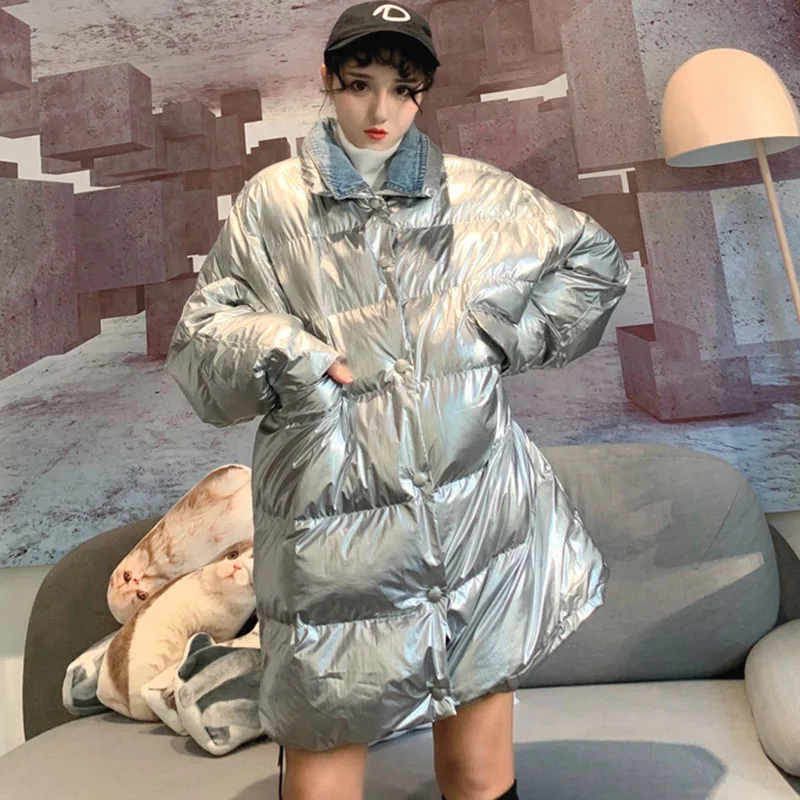 Теплая Глянцевая Серебристая черная парка для женщин Harajuku BF Свободная куртка ветровка пальто Зимняя утепленная Глянцевая пуховая парка для женщин