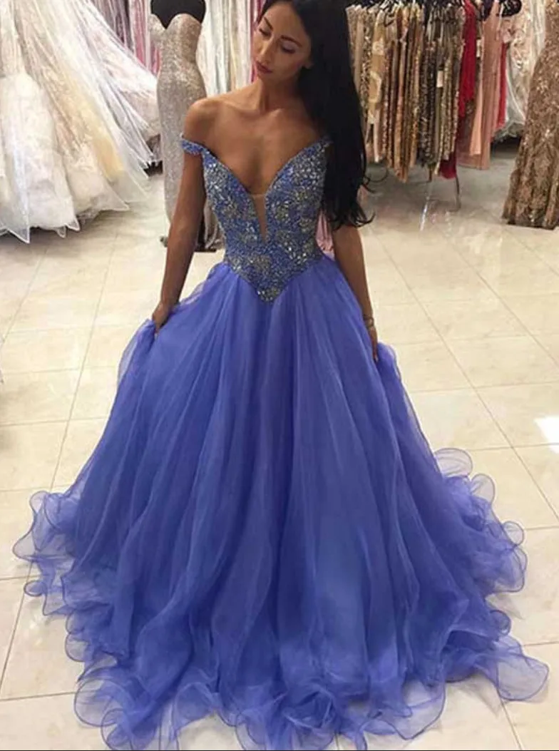 Мода Бисером V образным Вырезом Cap Рукавом Пром Платье A Line Вечерние платья