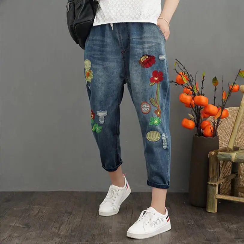 Женские джинсовые шаровары на шнуровке повседневные свободные ковбойские брюки