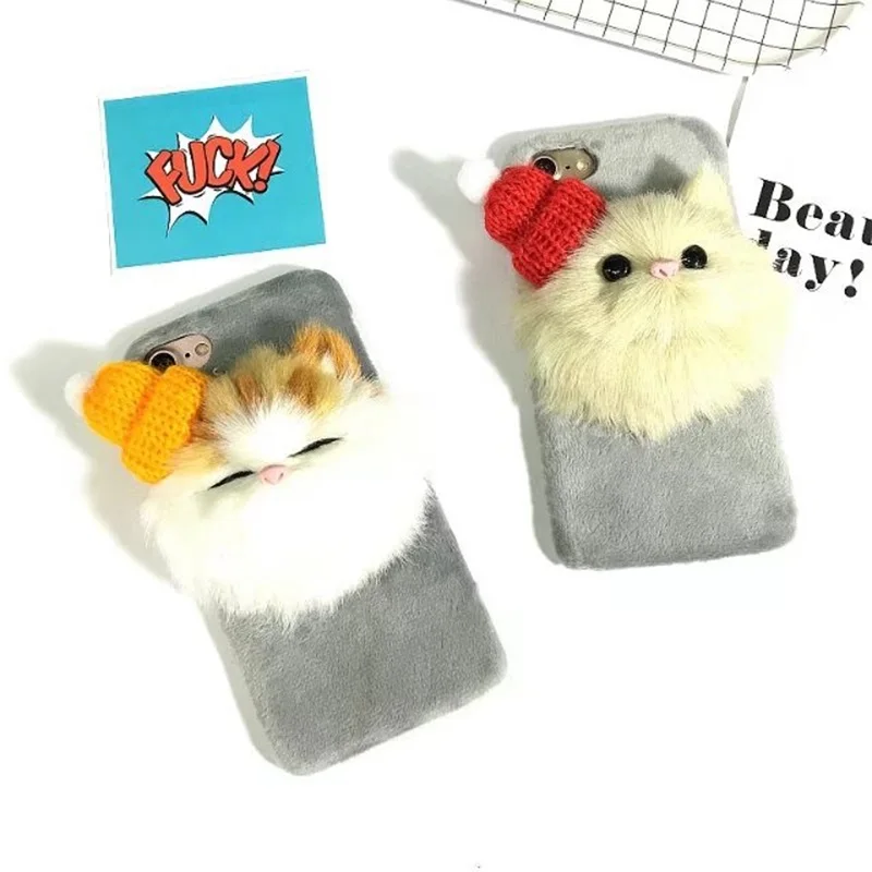 Рождество DIY 3D чехол с милым котом для iPhone X 8 S R M 5 SE 6 6S 6SPlus 7 Plus Мягкий меховой