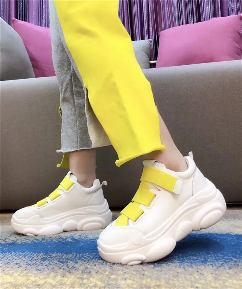 GCYFWJ/модные кроссовки; женская обувь из натуральной кожи на толстой подошве; эластичная женская обувь на платформе с петлей HookLoop; цвет желтый