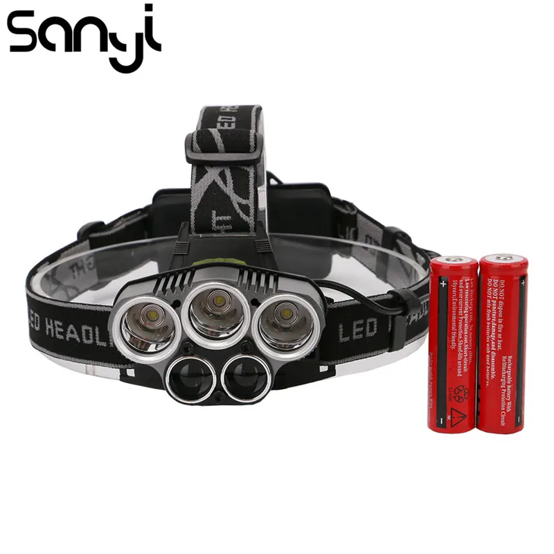 Светодиодный налобный фонарь SANYI супер яркий Мощный Головной с USB 5 * T6 рабочее