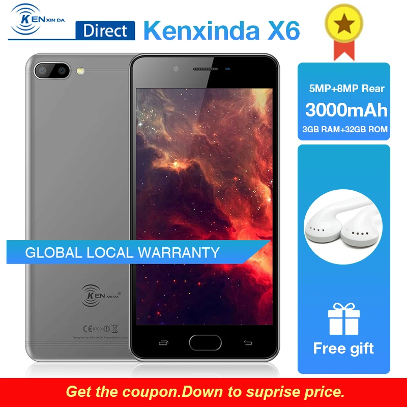 Kenxinda X6 5 0 &quotAndriod7.0 3g + 32 г 4 ядра 1. Гц 13MP 8MP двойной камеры 3500 мАч Батарея 4G отпечатков