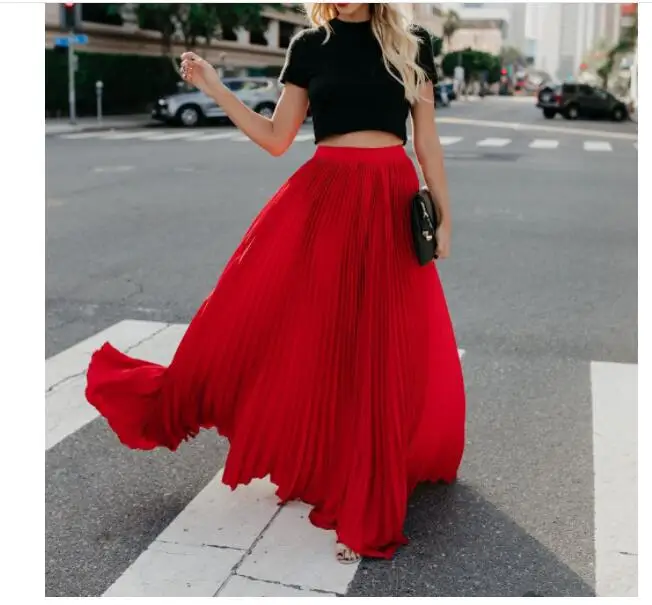 2022 Summer Women Pleated Skirt Fashion Boho Elegant Women Elastic Waist Long Maxi  Female Big Swing Flared Skirts