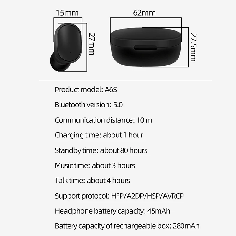 Hangrui A6S TWS Bluetooth 5 0 Беспроводная гарнитура наушники с шумоподавлением спортивные