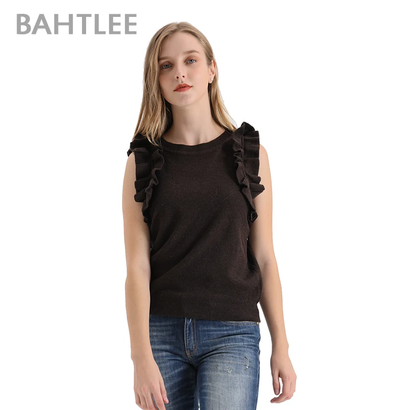 BAHTLEE Summer Frilled Trim knitted Slim Fitted Tee Sleeveless T-shirt Women Elegant Solid O-neck sweater Tshirt ruffles