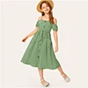 SHEIN/детское однотонное платье для девочек с открытыми плечами и одной пуговицей спереди, с поясом, платье в стиле бохо,, летние платья миди с короткими рукавами для отдыха