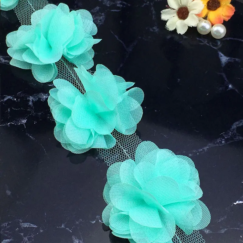 Mint Green Кружево Цветы Ткань Высокое качество Лидер продаж платье украшения шифон Аппликация Популярные 3D отделка 10 ярдов/рулон швейные принадлежности - Цвет: Mint Green