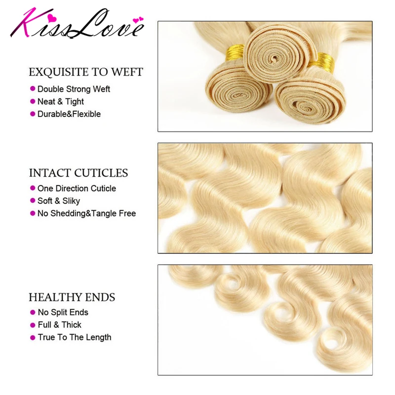 Поцелуй любовь волосы бразильские волнистые 3 пучка с закрытием 613 блонд цвет