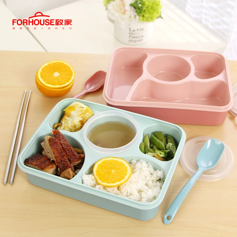 

5 grid Lunch Box Microwavable Bento Box Leak-Proof Portable Food Container Storage Box for Kids Soup Bowl and Spoon Large Size