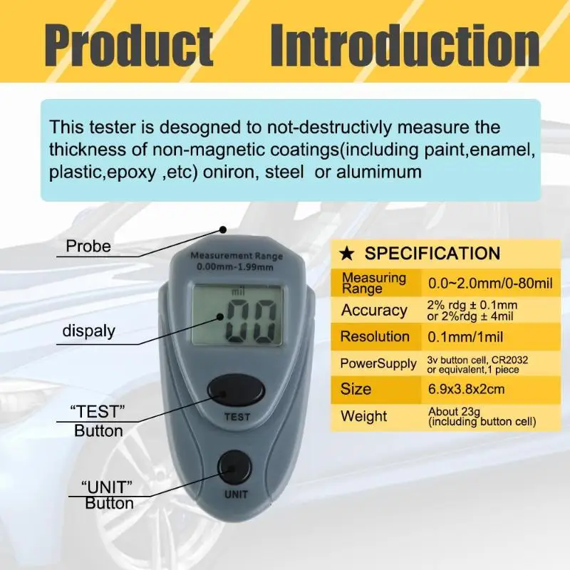 EM2271 Цифровой Мини измеритель толщины краски автомобиля тестер Авто покрытие