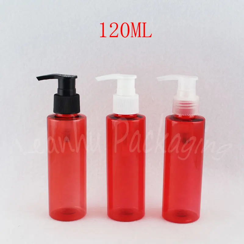 120ML Red Plastic Bottle With Lotion Pump , 120CC Shampoo / Lotion Travel Packaging Bottle , Empty Cosmetic Container