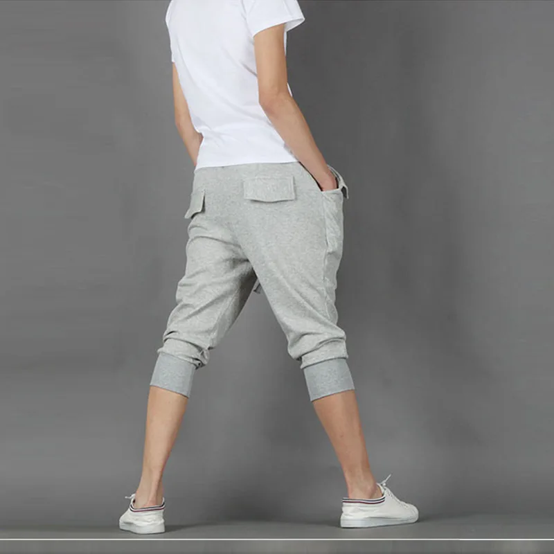 

2019 Students Fashion Summer Thin Casual Pants Black Men Joggers Sweatpants Grey Foot Strap Hip Hop Pockets Short Pencil Trouser